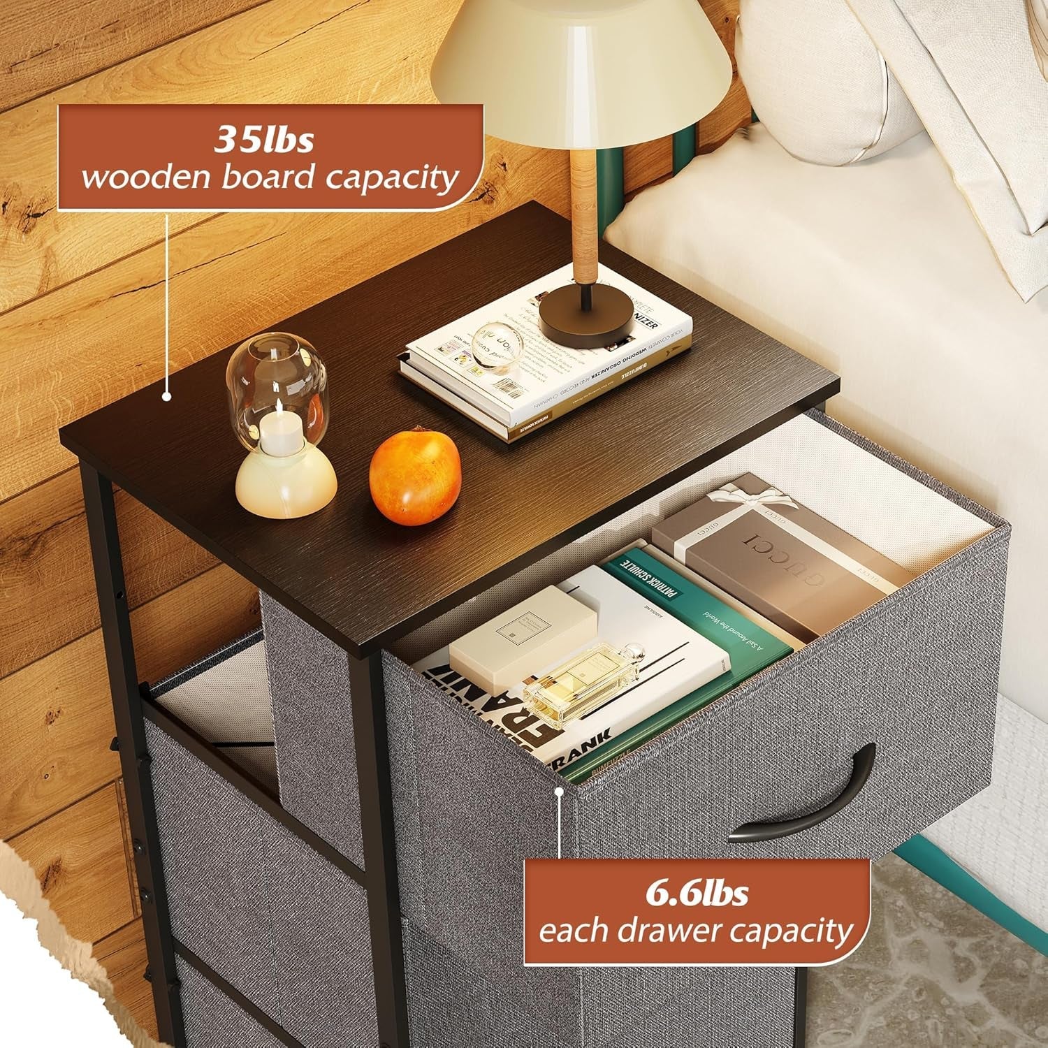Dark grey Peach Maple dresser with three drawers, steel frame and wood top, modern furniture piece for bedroom storage