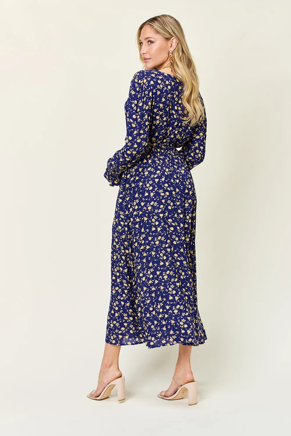 Pear Daisy double take full size tie-back flounce sleeve dress, featuring stylish design and flowing fabric for home and garden occasions.