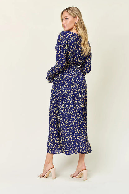 Pear Daisy double take full size tie-back flounce sleeve dress, featuring stylish design and flowing fabric for home and garden occasions.