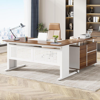 Walnut 63Inch Executive Desk With File Storage Cabinet