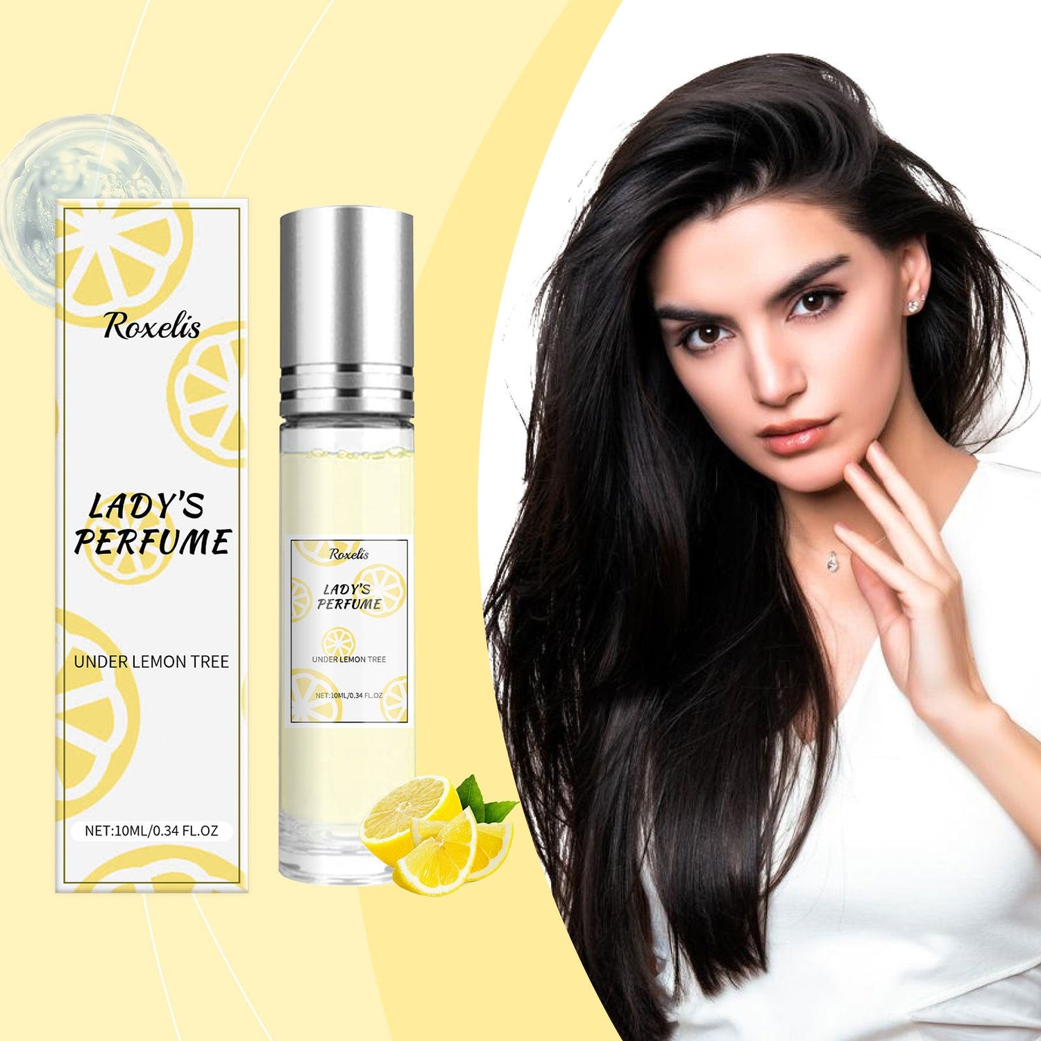 Carmine Juneberry Roxelis™ Lemon Perfume bodycare bottle with lemon and floral design, showcasing fresh citrus scent.