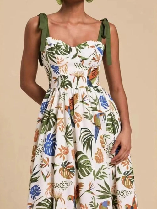 Tropical print tie-shoulder sweetheart neckline midi dress by Carmine Juneberry, perfect for summer occasions.