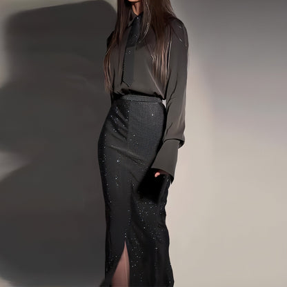 Carmine Juneberry heavy industry hot diamond split wrap hip skirt set with stylish dresses featuring bold design and modern fashion details.
