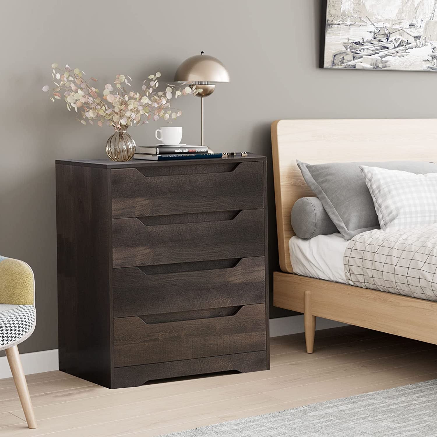 Dark brown Peach Maple 4-drawer dresser for bedroom storage and organization, showcasing sleek wooden furniture design.