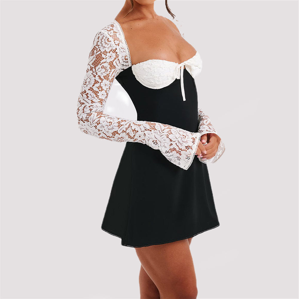 Women’s Y2K Lace-Up Backless Long-Sleeve Mini Dress