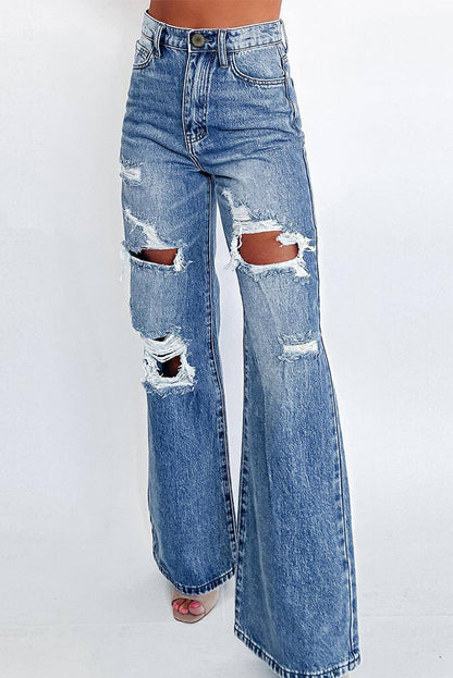 Carmine Juneberry Ashleigh blue acid wash distressed wide leg high waist jeans with ripped details and relaxed fit.