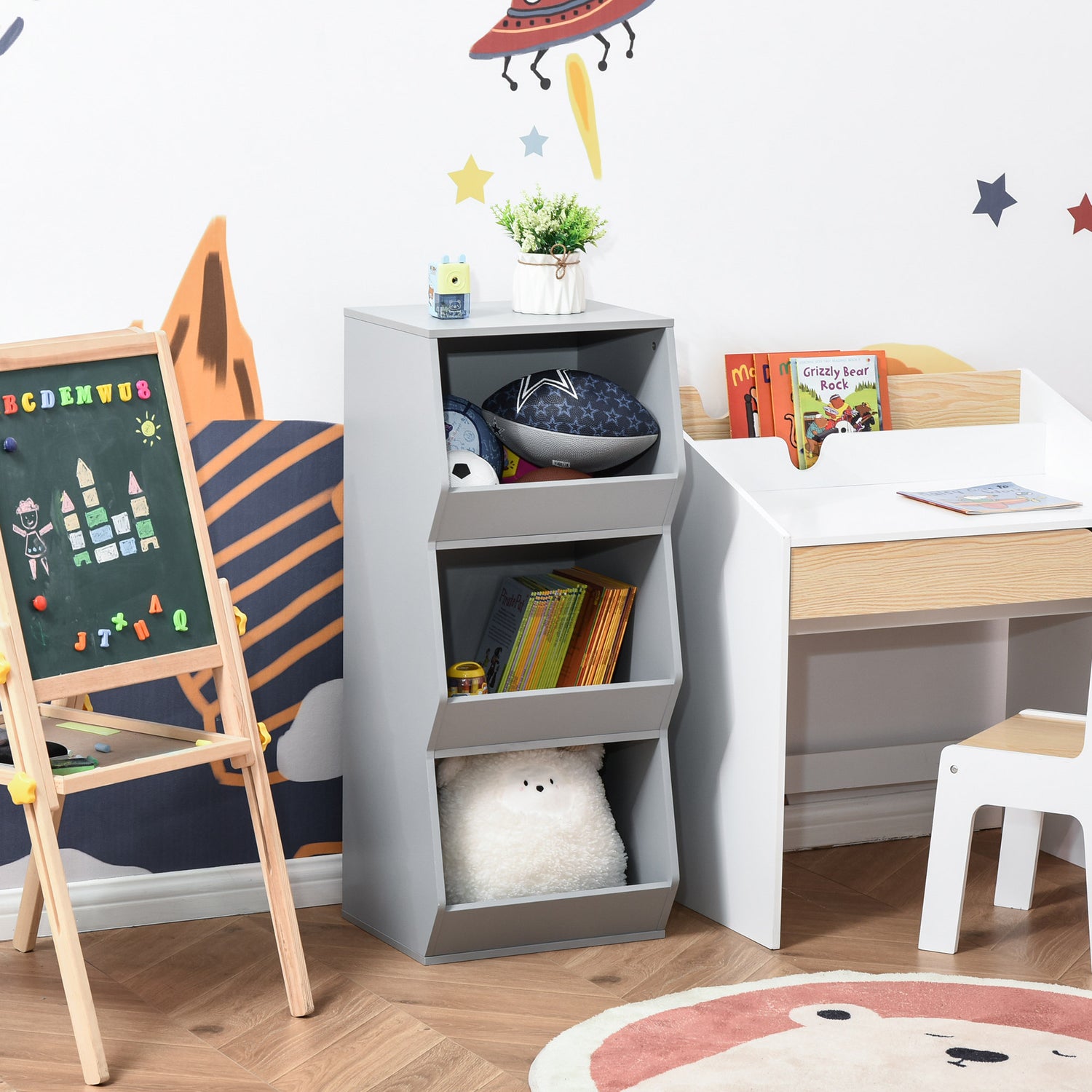 Taupe Shadow HOMCOM kids storage cabinet with three shelves, anti-toppling design for safe toy and home organization.