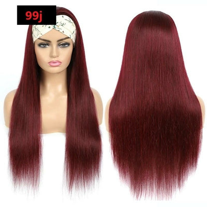 Cerise Alfie burgundy headband wig with straight Brazilian human hair, featuring a no-glue design and stylish scarf accessory.