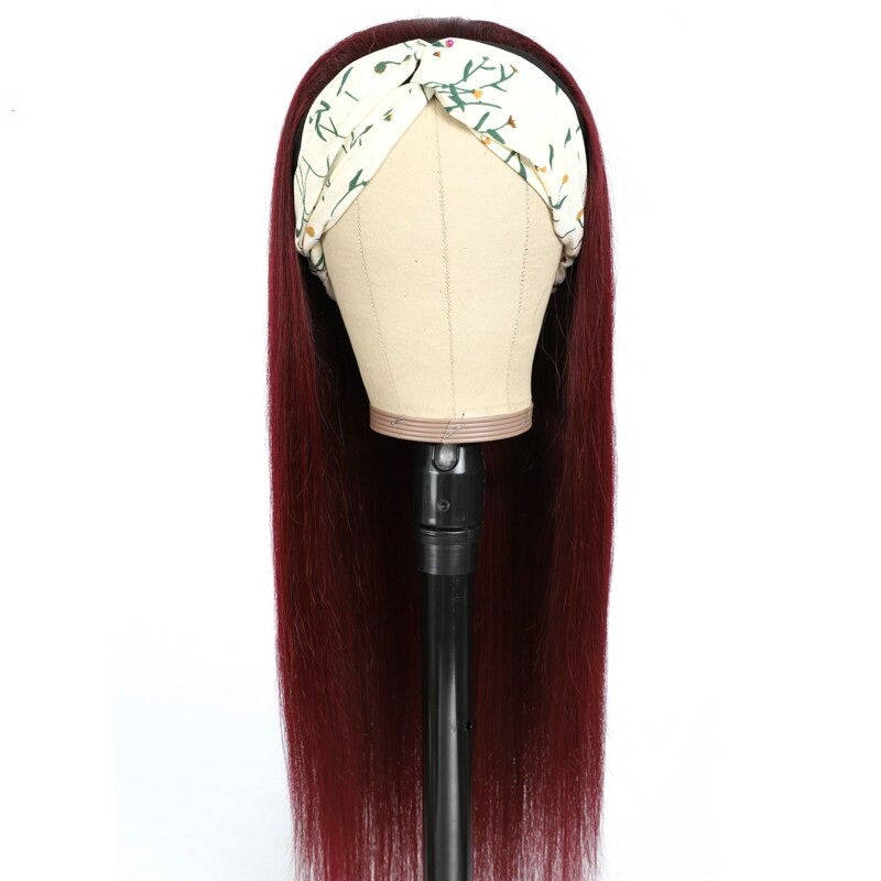 Burgundy headband wig with straight human hair, 