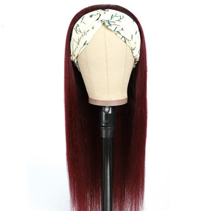 Burgundy headband wig with straight human hair, 