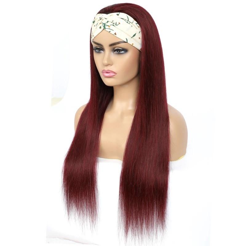 Burgundy headband wig with straight Brazilian human hair, 