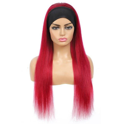 Burgundy straight human hair headband wig by Cerise Alfie, featuring a no-glue, easy-to-wear scarf hairstyle.