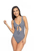 Black and white gingham cutout tie one-piece swimsuit by Jade Icarus featuring a stylish, fitted design with cutout details.