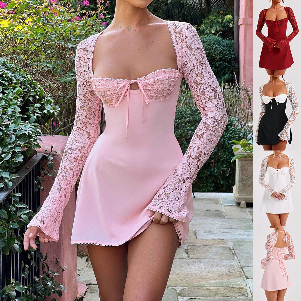 Women’s Y2K Lace-Up Backless Long-Sleeve Mini Dress