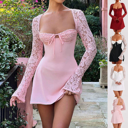 Women’s Y2K Lace-Up Backless Long-Sleeve Mini Dress