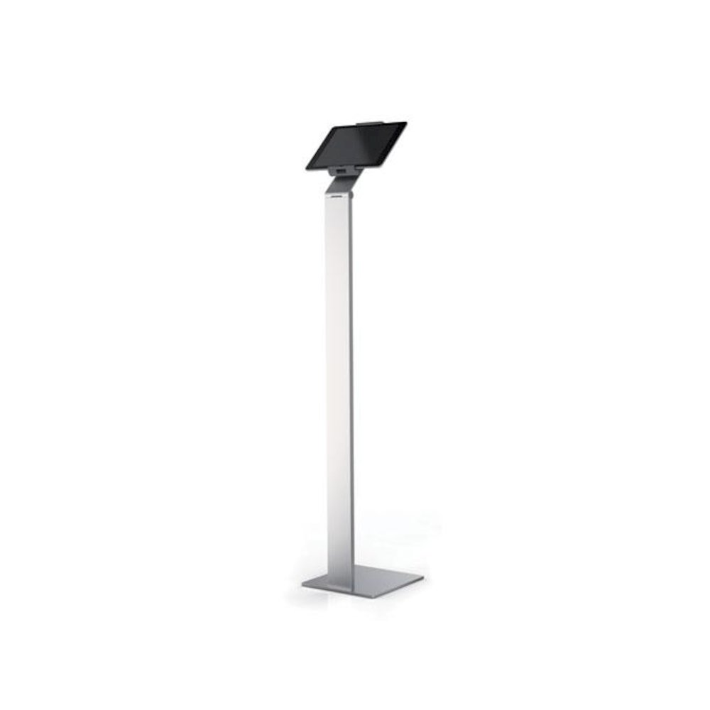 Start2Finish silver and charcoal gray floor stand tablet holder with adjustable support for electronics devices.