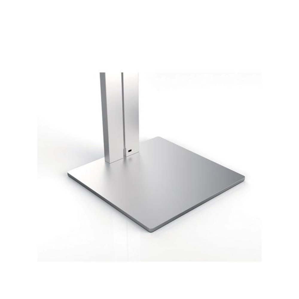 Silver and charcoal gray floor stand tablet holder by Start2Finish, showing a sleek electronic device display on a sturdy stand.