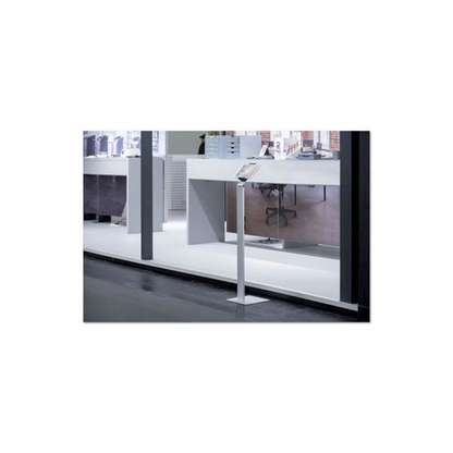 Silver and charcoal gray Floor Stand Tablet Holder by Start2Finish, showing a sleek metal stand supporting a tablet device.