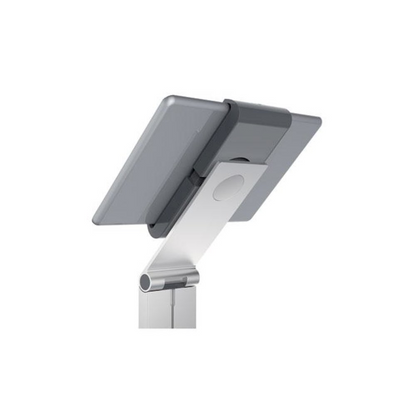 Silver and charcoal gray floor stand tablet holder from Start2Finish, showcasing a sleek, adjustable stand supporting a tablet device.