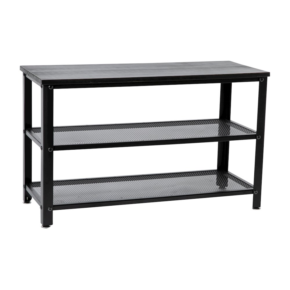 Rustic black wash 3-tier entryway bench by Start2Finish with wooden shelves and metal frame, ideal for entryway storage and seating.