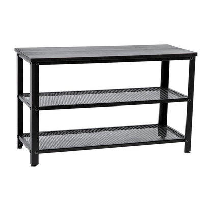Rustic black wash 3-tier entryway bench by Start2Finish with wooden shelves and metal frame, ideal for entryway storage and seating.