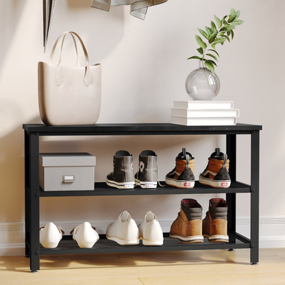 Rustic black wash 3-tier entryway bench by Start2Finish with wooden shelves and sturdy metal frame, perfect for hallway storage.
