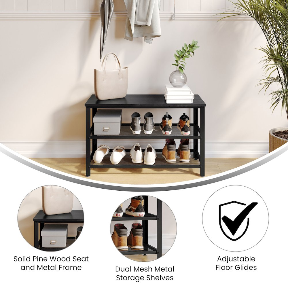 Rustic black wash 3-tier entryway bench by Start2Finish with wooden shelves and sturdy metal frame, ideal for entryway storage.