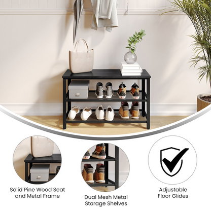 Rustic black wash 3-tier entryway bench by Start2Finish with wooden shelves and sturdy metal frame, ideal for entryway storage.