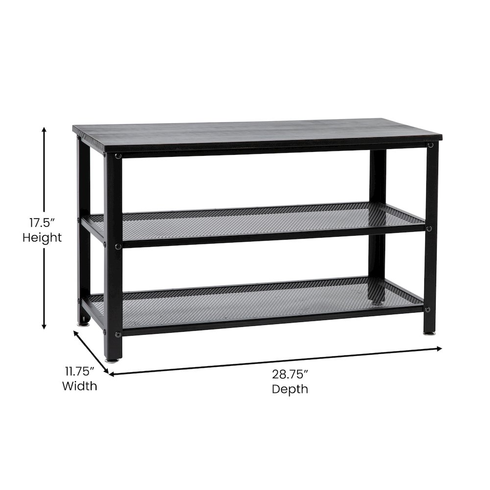 Rustic black wash 3-tier entryway bench by Start2Finish with wood finish and open shelving for storage and seating.