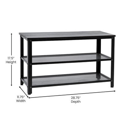 Rustic black wash 3-tier entryway bench by Start2Finish with wood finish and open shelving for storage and seating.