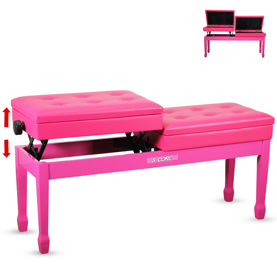 Start2Finish 5 Core Duet Piano Bench with padded cushion, wooden frame, and storage compartments for musicians.