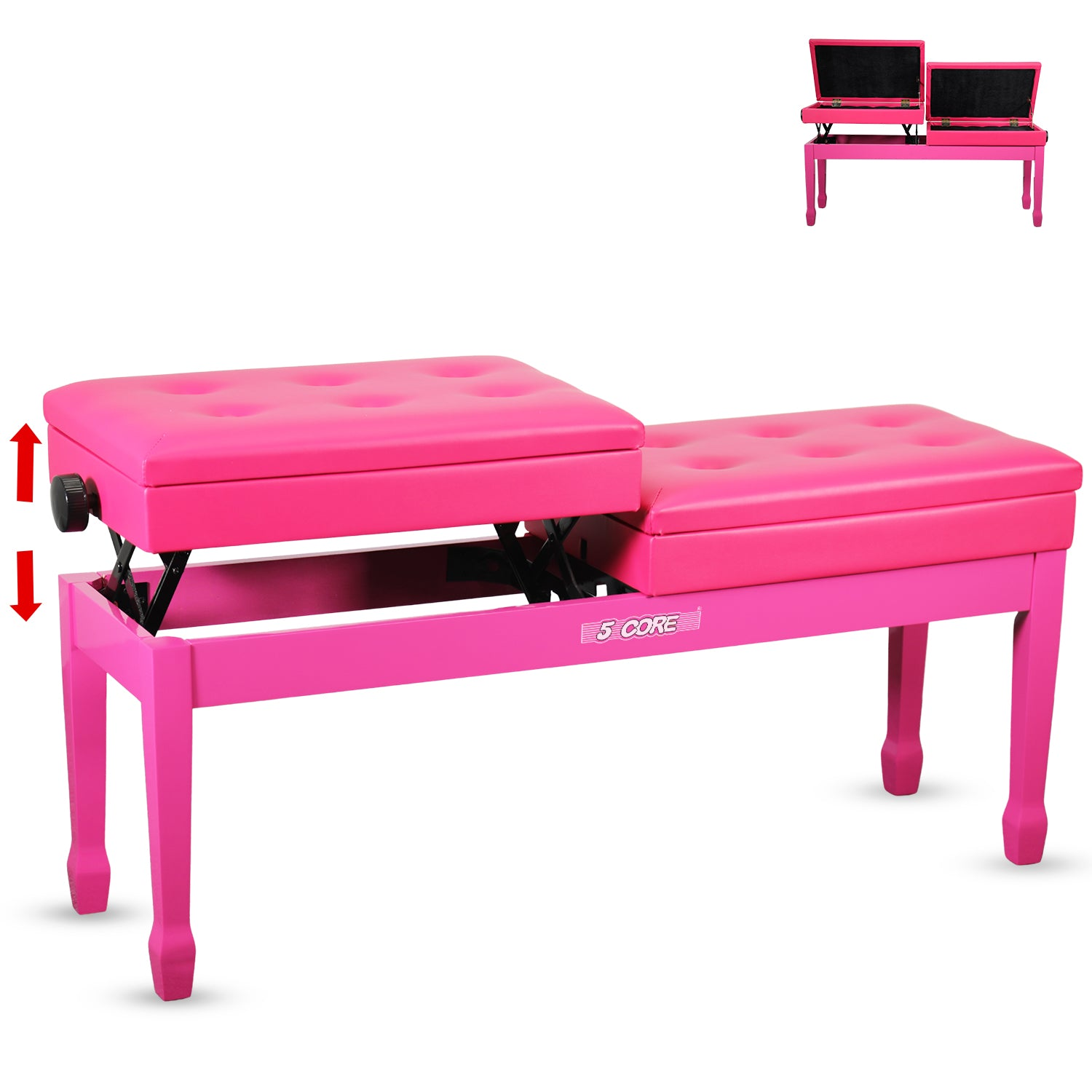 Start2Finish 5 Core Duet Piano Bench with padded cushion, wooden frame, and storage compartments for musicians.