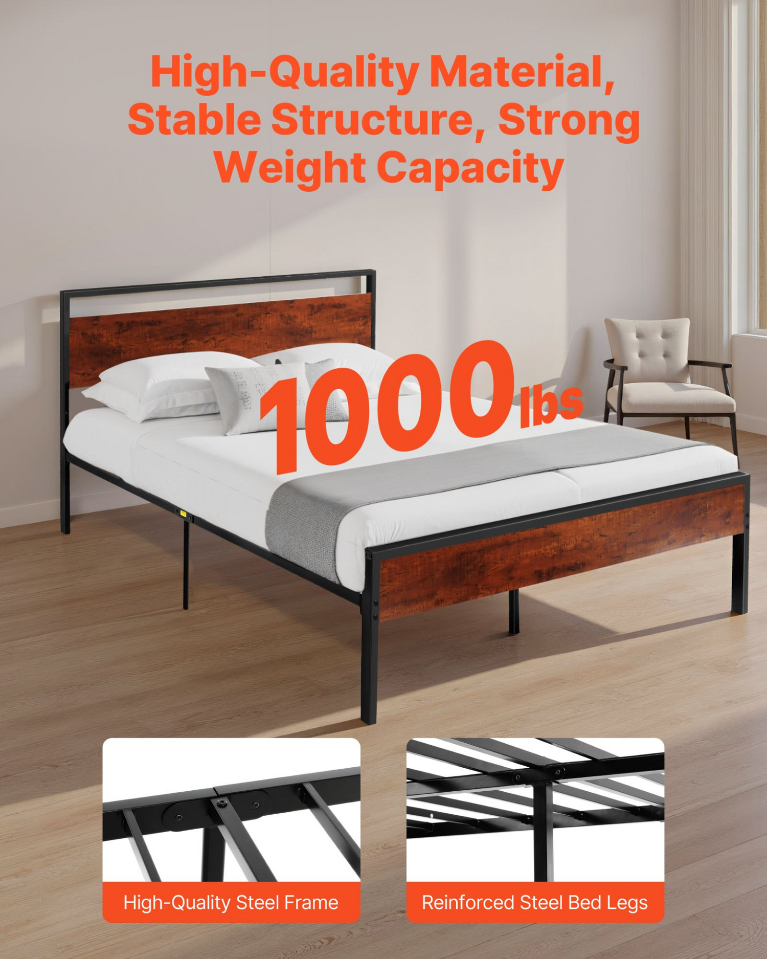 Start2Finish VEVOR queen size black metal bed frame with retro brown wooden headboard and footboard, under-bed storage, easy to assemble.