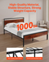 Start2Finish VEVOR queen size black metal bed frame with retro brown wooden headboard and footboard, under-bed storage, easy to assemble.