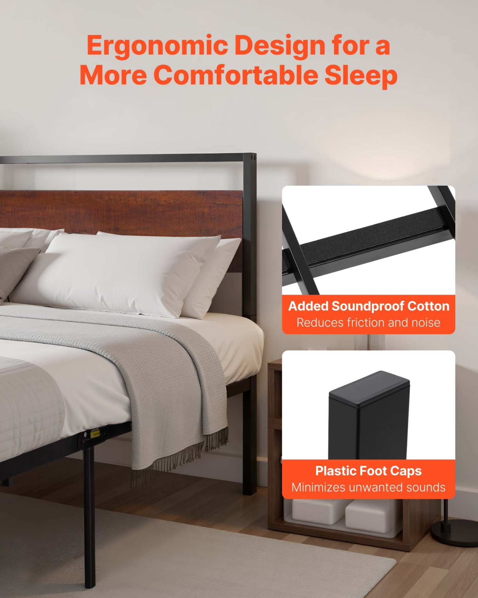Start2Finish VEVOR Queen size metal bed frame with retro brown wooden headboard, large under-bed storage, and easy assembly.