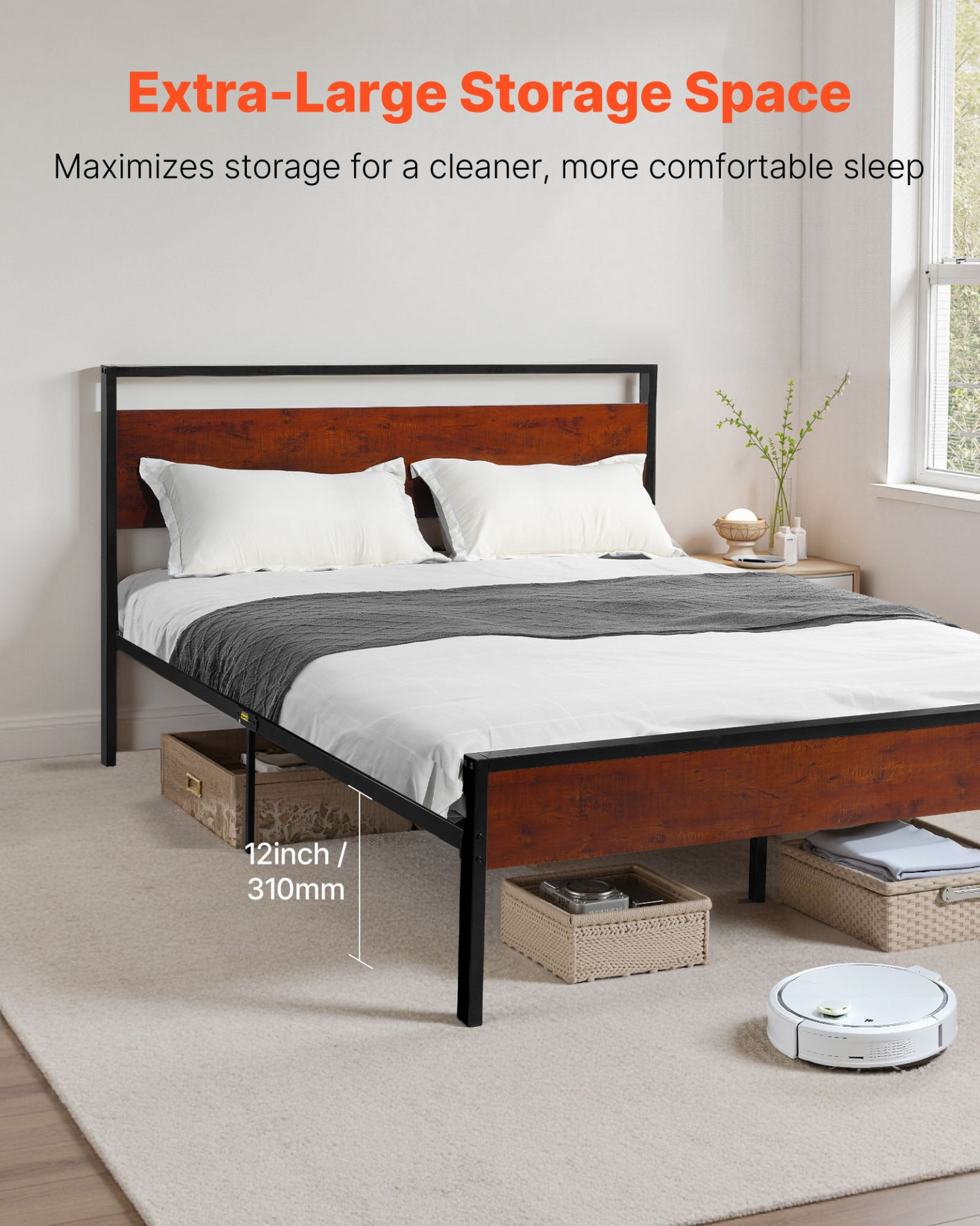 Start2Finish VEVOR queen size black metal bed frame with wooden headboard and footboard, large under-bed storage, easy to assemble.