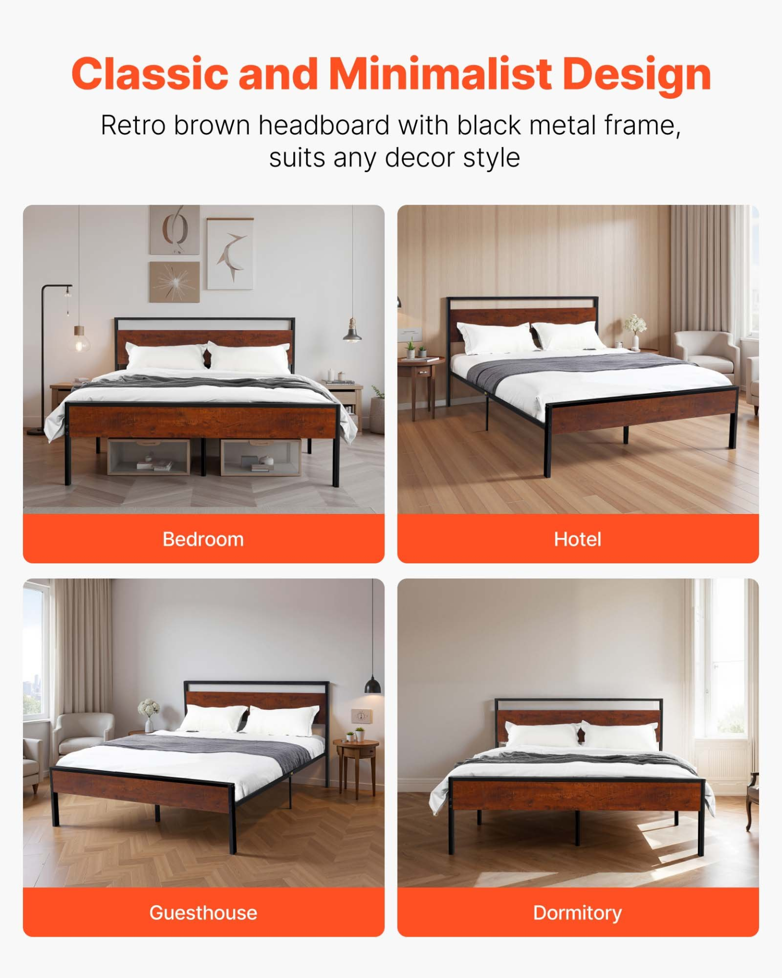 Start2Finish VEVOR queen size metal bed frame with wooden headboard, black platform design, under-bed storage, easy to assemble.