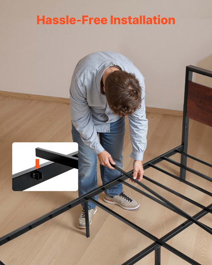Start2Finish VEVOR queen size bed frame with black metal platform, retro wood headboard, large under-bed storage, easy assembly.