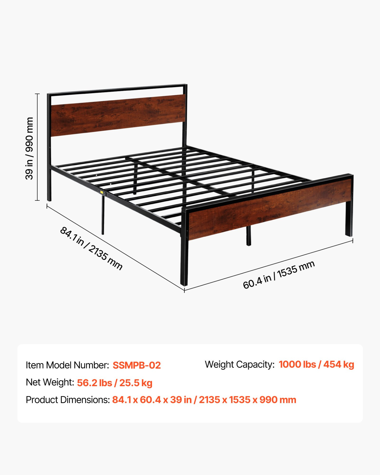 Start2Finish VEVOR queen size metal bed frame with retro brown wooden headboard, large under-bed storage, non-slip, easy to assemble.