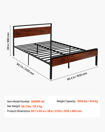Start2Finish VEVOR queen size metal bed frame with retro brown wooden headboard, large under-bed storage, non-slip, easy to assemble.