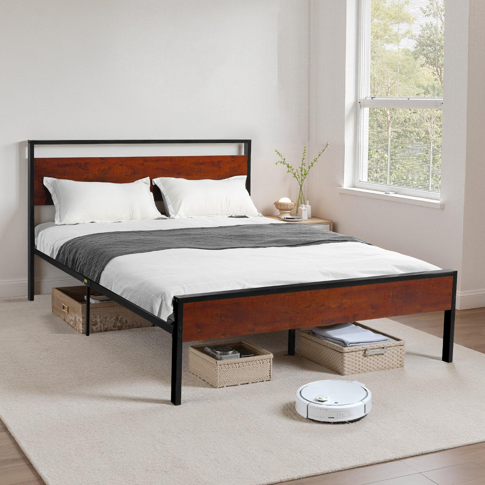 Start2Finish VEVOR queen size metal bed frame with retro brown wooden headboard and footboard, under-bed storage, easy to assemble.