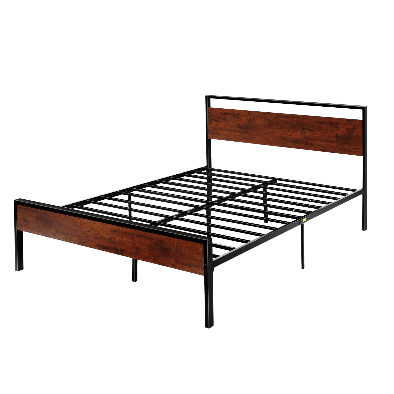Start2Finish VEVOR queen size bed frame with black metal platform, retro brown wooden headboard, large under-bed storage, easy to assemble