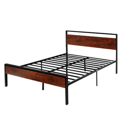 Start2Finish VEVOR queen size bed frame with black metal platform, retro brown wooden headboard, large under-bed storage, easy to assemble