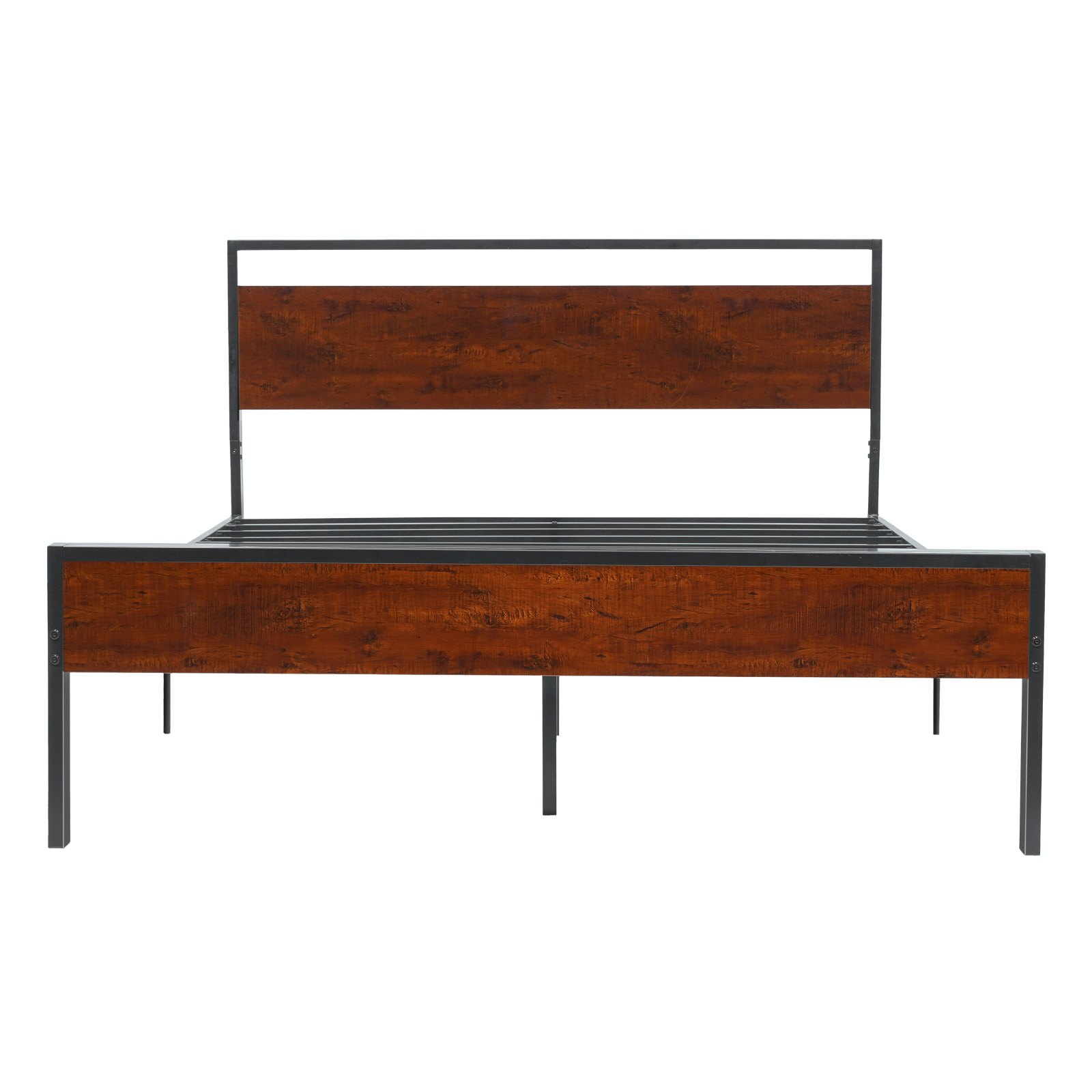 Start2Finish VEVOR queen size metal bed frame with wooden headboard, black platform bed with under-bed storage, easy to assemble.