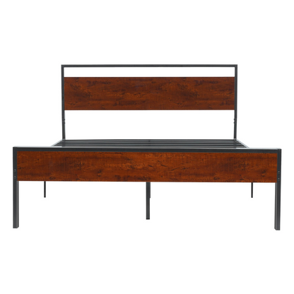 Start2Finish VEVOR queen size metal bed frame with wooden headboard, black platform bed with under-bed storage, easy to assemble.