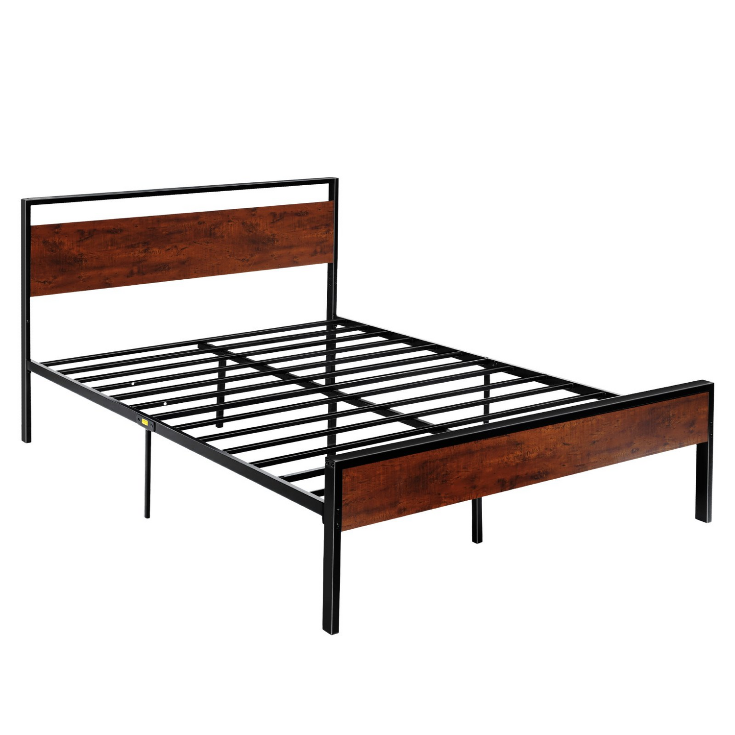 Start2Finish VEVOR queen size black metal bed frame with retro brown wooden headboard, footboard, under-bed storage, easy to assemble