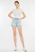Jade Icarus Kancan high rise repaired mom denim shorts with distressed details and frayed hem, styled for casual wear.