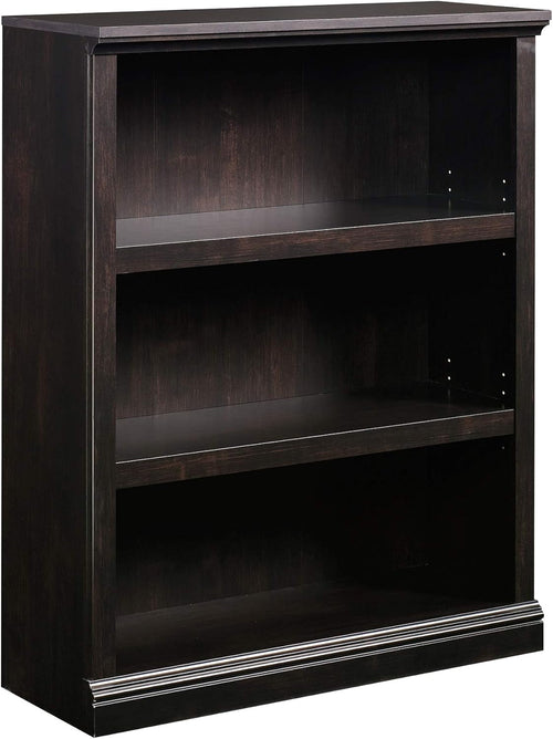 Three-tier black wooden bookshelf with adjustable shelves by Peach Maple, showcasing a modern furniture design.