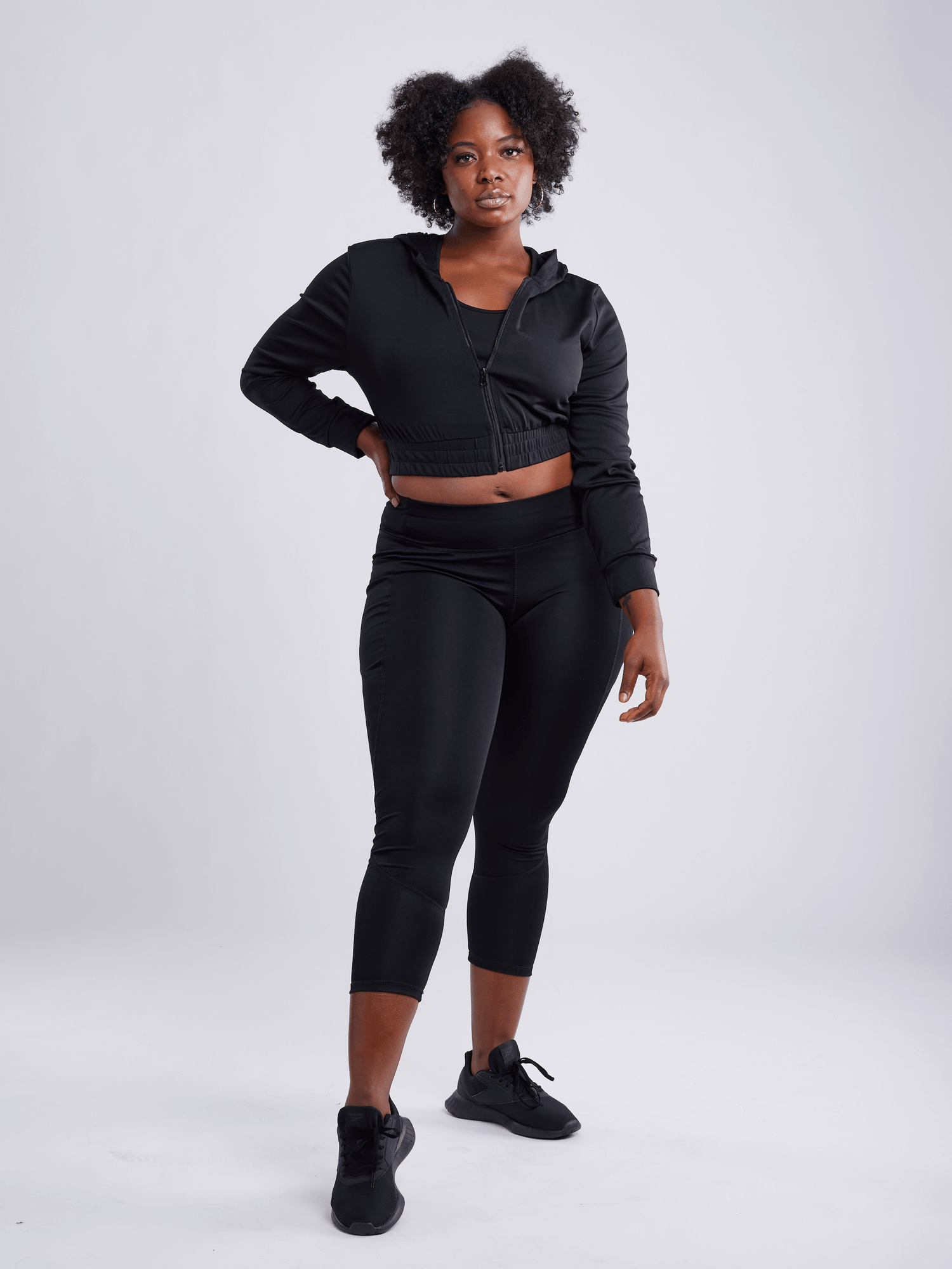 Black Lavender JupiterGear athletic zip-up crop hoodie jacket shown in black with sporty design and lightweight fabric.