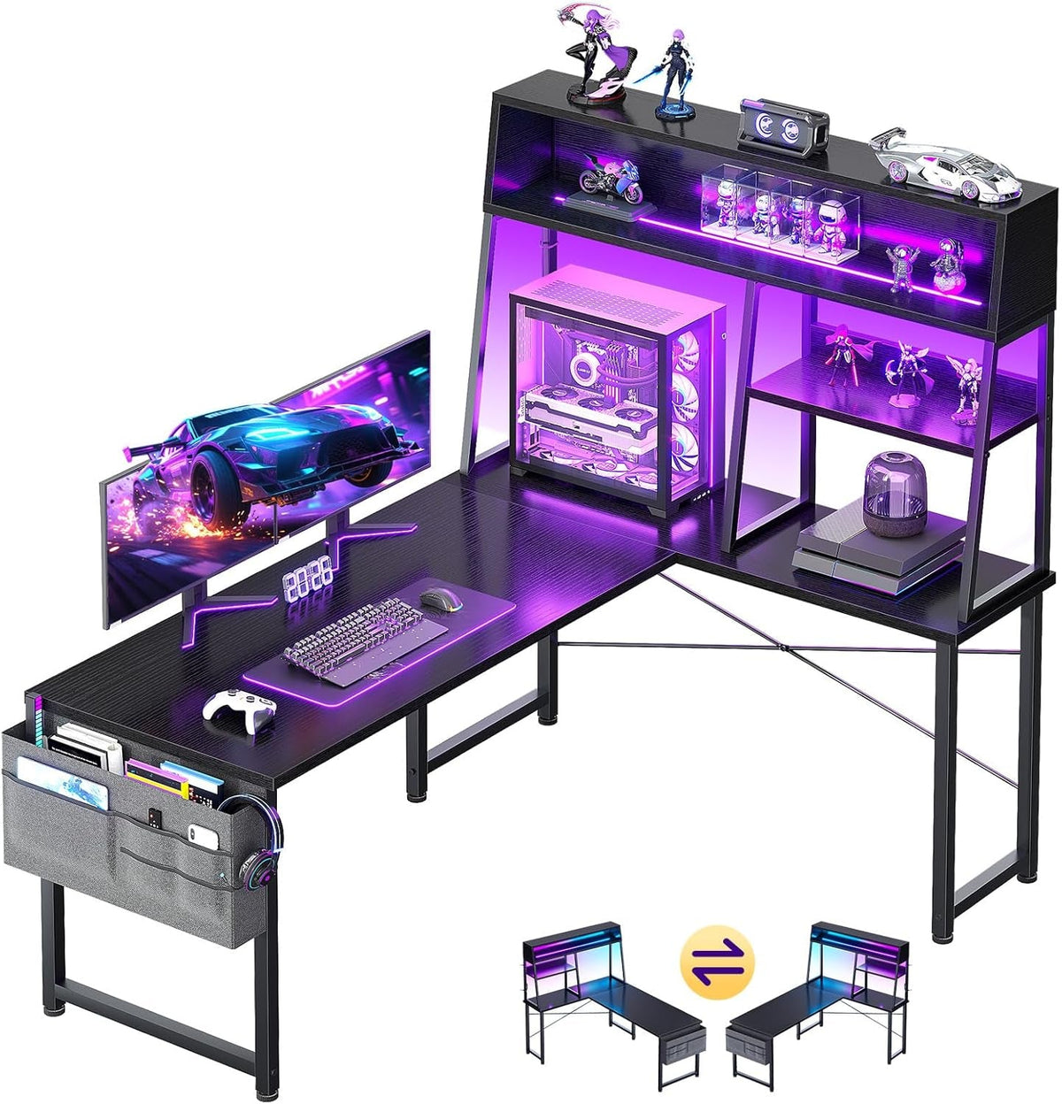Fifty One Inch L Shaped Gaming Desk With Display Shelves LED Illumination